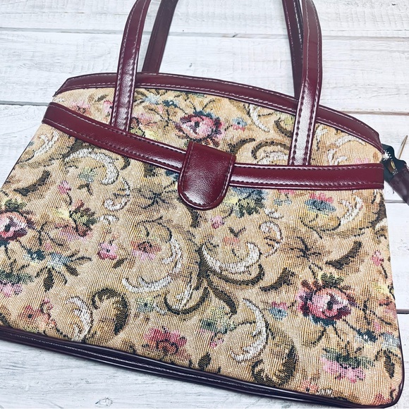 VTG CARPET HANDBAG CANVAS FLORAL RED LEATHER - Picture 12 of 12